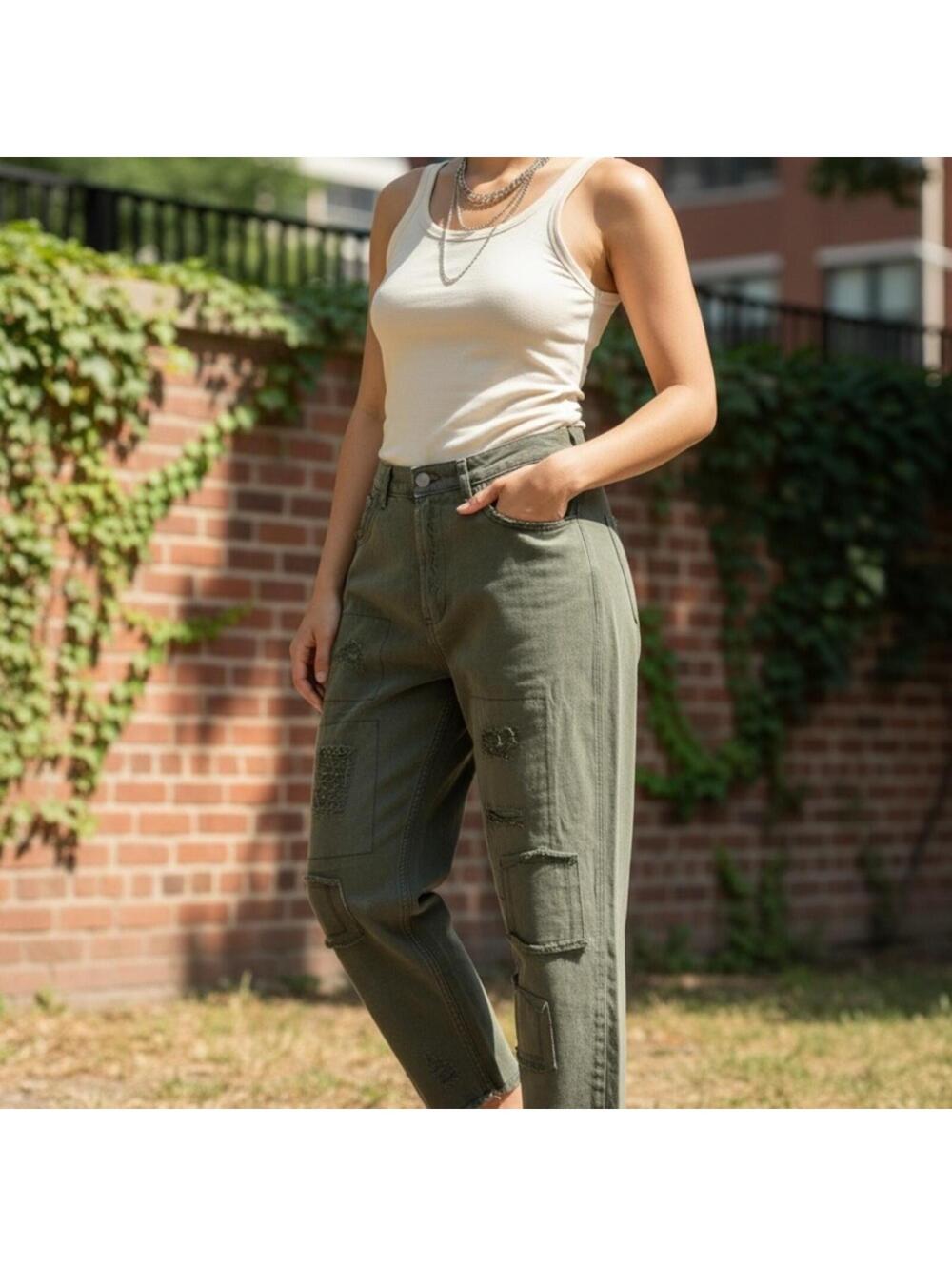 POL Olive Green Distressed Pants Women Size L